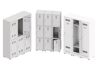 Various White Metal Lockers Storage Solutions With Multiple Doors And Open Compartments 3d model