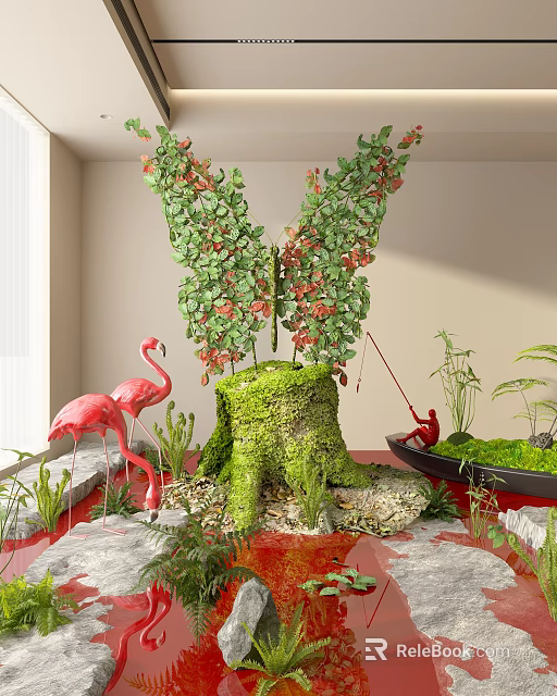Indoor Landscape With Butterfly Shaped Plants Moss Covered Tree Stump And Pink Flamingo Aquatic Plants 3d model 
