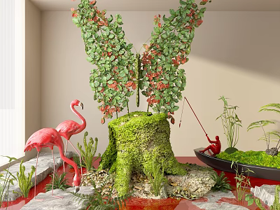 Indoor Landscape With Butterfly Shaped Plants Moss Covered Tree Stump And Pink Flamingo Aquatic Plants 3d model