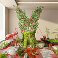 Indoor Landscape With Butterfly Shaped Plants Moss Covered Tree Stump And Pink Flamingo Aquatic Plants