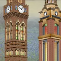 Two Clock Towers Red Brick Architecture with Spires Birds Flying Over Green Landscape and Flowers
