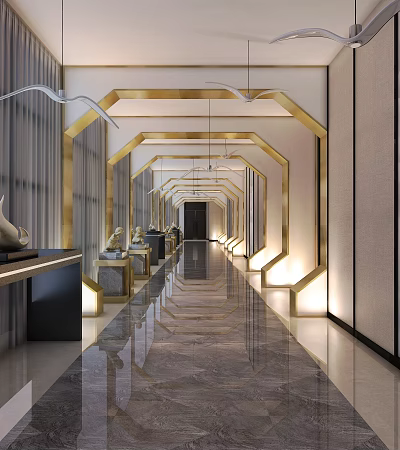 Modern Luxury Hotel Corridor With Golden Geometric Frames Marble Flooring And Ambient Lighting 3d model