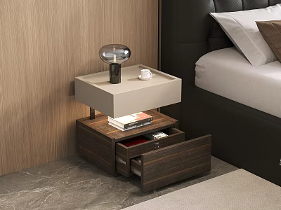 Modern Wooden Nightstand With Open Drawer Table Lamp Coffee Cup And Books 3d model