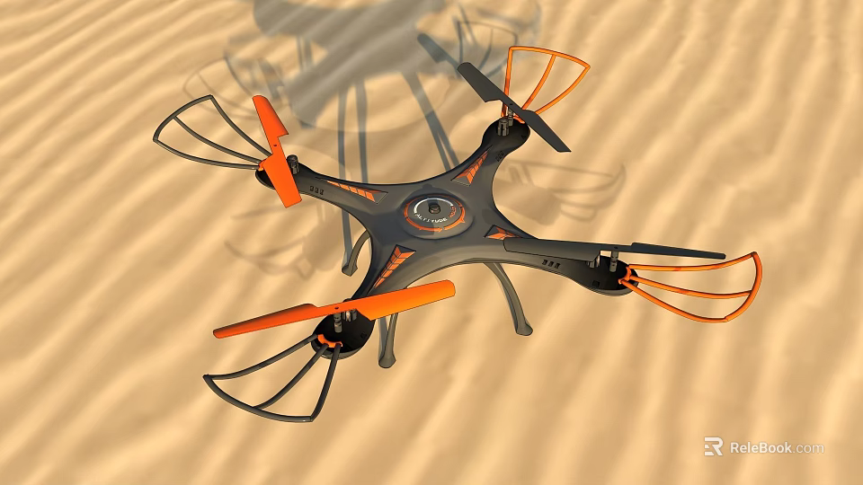 Black And Orange Quadcopter Drone With Propeller Guards On Sandy Ground 3d model