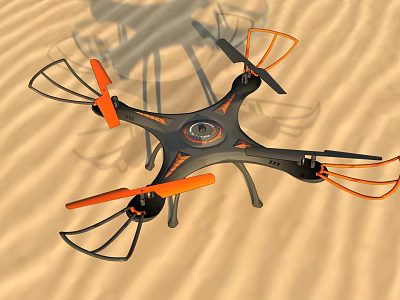 Black And Orange Quadcopter Drone With Propeller Guards On Sandy Ground 3d model