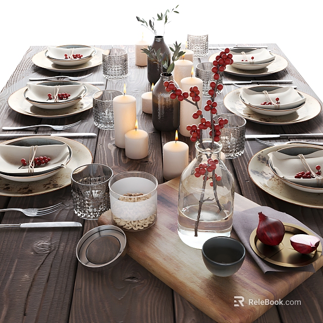 Elegant Tableware Set With Candles And Berry Decor 3d model 