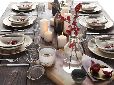 Elegant Tableware Set With Candles And Berry Decor 3d model