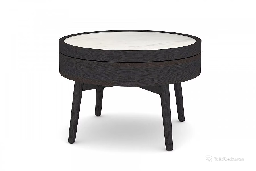 Round Top End Table With White Marble Surface And Dark Wooden Legs 3d model 