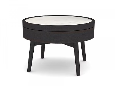 Round Top End Table With White Marble Surface And Dark Wooden Legs 3d model