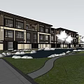 Modern Townhouses Exterior Design With Pond Rocks Green Grass And Trees