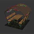 Outdoor Shelter With Transparent Canopy Metal Frame Wooden Table Benches And Decorative Scrolls