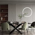 Modern Dining Table Set With Green Chairs Circular Wall Light And Decorative Plant 3d model