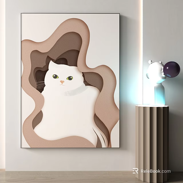 Interior Decor Featuring White Cat Wall Art Wavy Patterns Modern Lamp And Blue Lighting 3d model