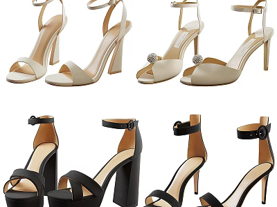Women's High Heel Sandals With Ankle Strap Block Heel Pearl Detail Beige Black Design 3d model