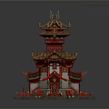 Cartoon Scenery Chinese Traditional Pavilion With Multi Tiered Structure Red Gold Decor And Curved Eaves