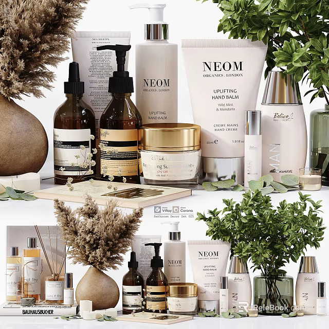 Stylish Bathroom Accessories With Bottles Jars Trays And Natural Plant Decorations 3d model 