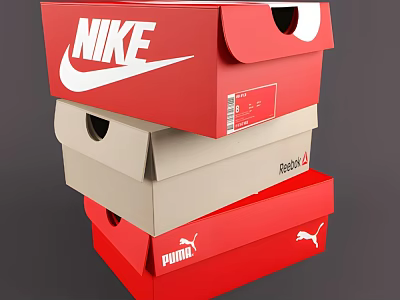 Colorful Stacked Shoe Boxes Featuring Nike Reebok Puma Red And Beige Designs 3d model