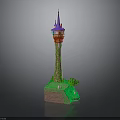 Colorful Decorative Tower Model With Purple Spire Red Body Green Vines And Grass Base