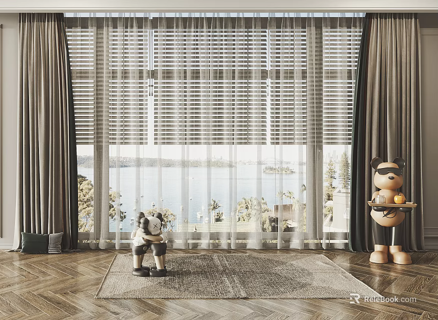 Elegant Neutral Curtains And Blinds For Floor To Ceiling Windows With Lake View 3d model 
