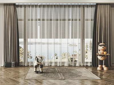Elegant Neutral Curtains And Blinds For Floor To Ceiling Windows With Lake View 3d model
