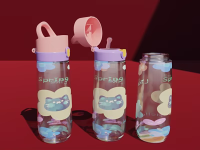 Cute Transparent Water Cups With Spring Lettering Cartoon Patterns Butterfly Designs And Pink Purple Lids 3d model
