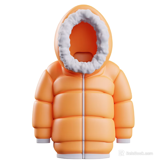 Warm Orange Hooded Puffer Jacket With White Faux Fur Trim And Zipper Closure 3d model 
