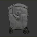 Metal Industrial Trash Bin With Lid And Wheels On Dark Background