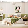 Kids Room Interior Design With White Chandelier Bed Green Blanket Pillows And Wooden Toys
