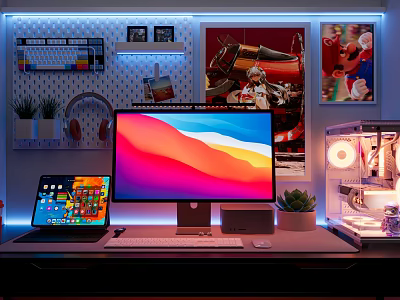 Modern Computer Workstation Setup With Desktop Monitor Laptop Headphones And Decorative Wall Art 3d model