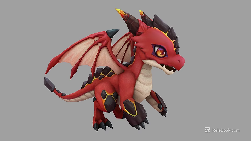 Cute Red Flying Dragon 3D Model With Wings Horns And Yellow Eyes 3d model 