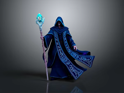 Hooded Man In Blue Robe Holding Glowing Staff With Intricate Patterns 3d model
