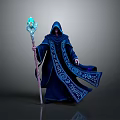 Hooded Man In Blue Robe Holding Glowing Staff With Intricate Patterns