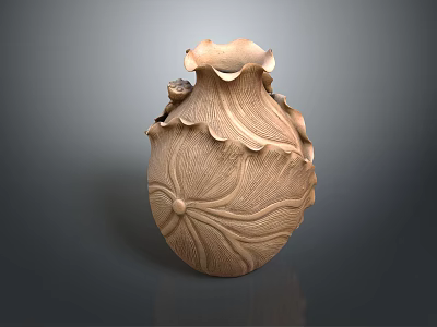 Elegant Light Brown Ceramic Vase With Lotus Shaped Design And Carved Natural Texture 3d model