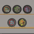 Five Circular Plates With Colorful Cartoon Patterns On Light Wooden Shelves