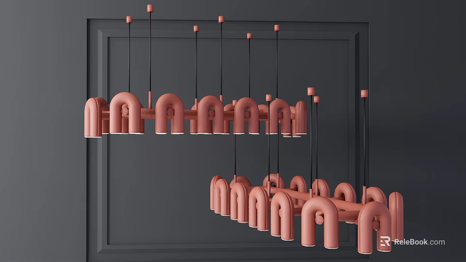 Multiple Pink U Shaped Pendant Lights Hanging In Dark Modern Wall 3d model