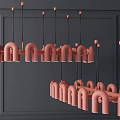 Multiple Pink U Shaped Pendant Lights Hanging In Dark Modern Wall 3d model