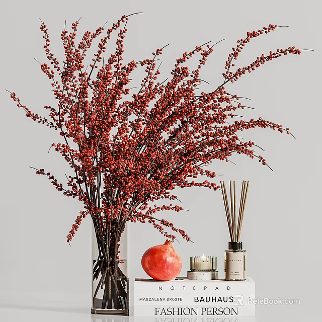Decorative Ornament Combination With Red Floral Branches Pomegranate Incense Sticks And Candle 3d model 