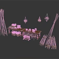 Natural Outdoor Architectural Space With Wooden Table Chairs Hanging Plants And Pole Frames