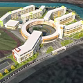 Modern School Buildings With Circular Design Green Roofs Playground Track Near River And Trees