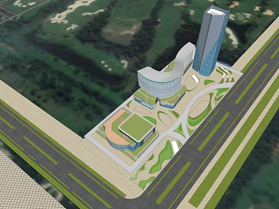 Modern Architectural Complex With Tall Skyscraper Green Landscape Roads And Plaza 3d model