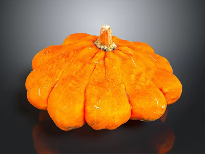 Orange Flower Shaped Pumpkin with Textured Surface on Black Background and Reflection 3d model