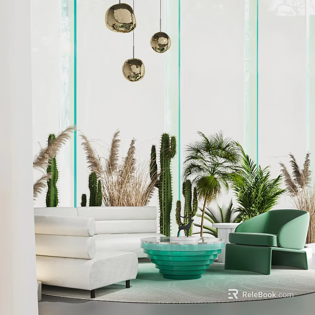 Modern Minimalist Sofa And Coffee Table Set With White Sofa Green Table And Indoor Plants 3d model 