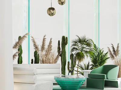 Modern Minimalist Sofa And Coffee Table Set With White Sofa Green Table And Indoor Plants 3d model