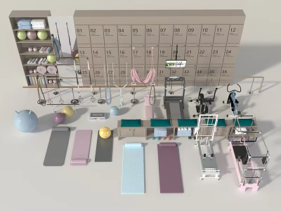 Complete Fitness Studio Setup With Lockers Yoga Mats Dumbbells Exercise Balls And Equipment 3d model