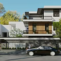Modern Two Story Detached Villa Exterior Design With Balcony Greenery And Wooden Door