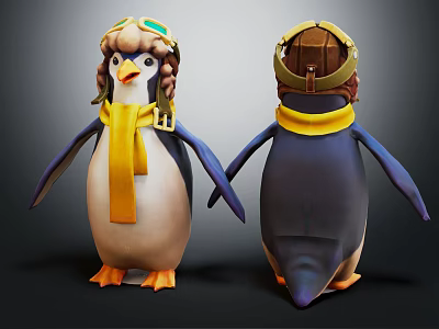 Cute Penguin Character With Pilot Helmet Goggles And Yellow Scarf 3D Model Front Back View 3d model