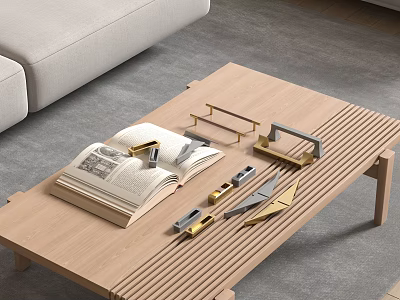 Modern Metal Cabinet Handles With Various Designs On Wooden Coffee Table And Open Book 3d model