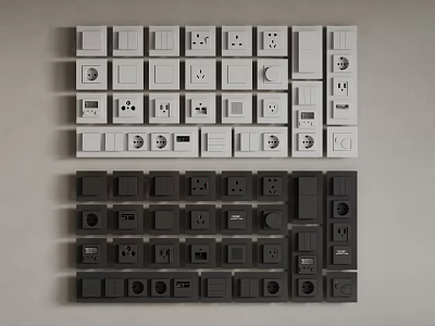Variety Of Light And Dark Switch Panels With Switches And Sockets 3d model