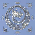 Intricate Circular Dragon Carving Art With Blue Background And Square Motifs