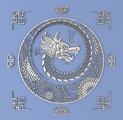 Intricate Circular Dragon Carving Art With Blue Background And Square Motifs 3d model